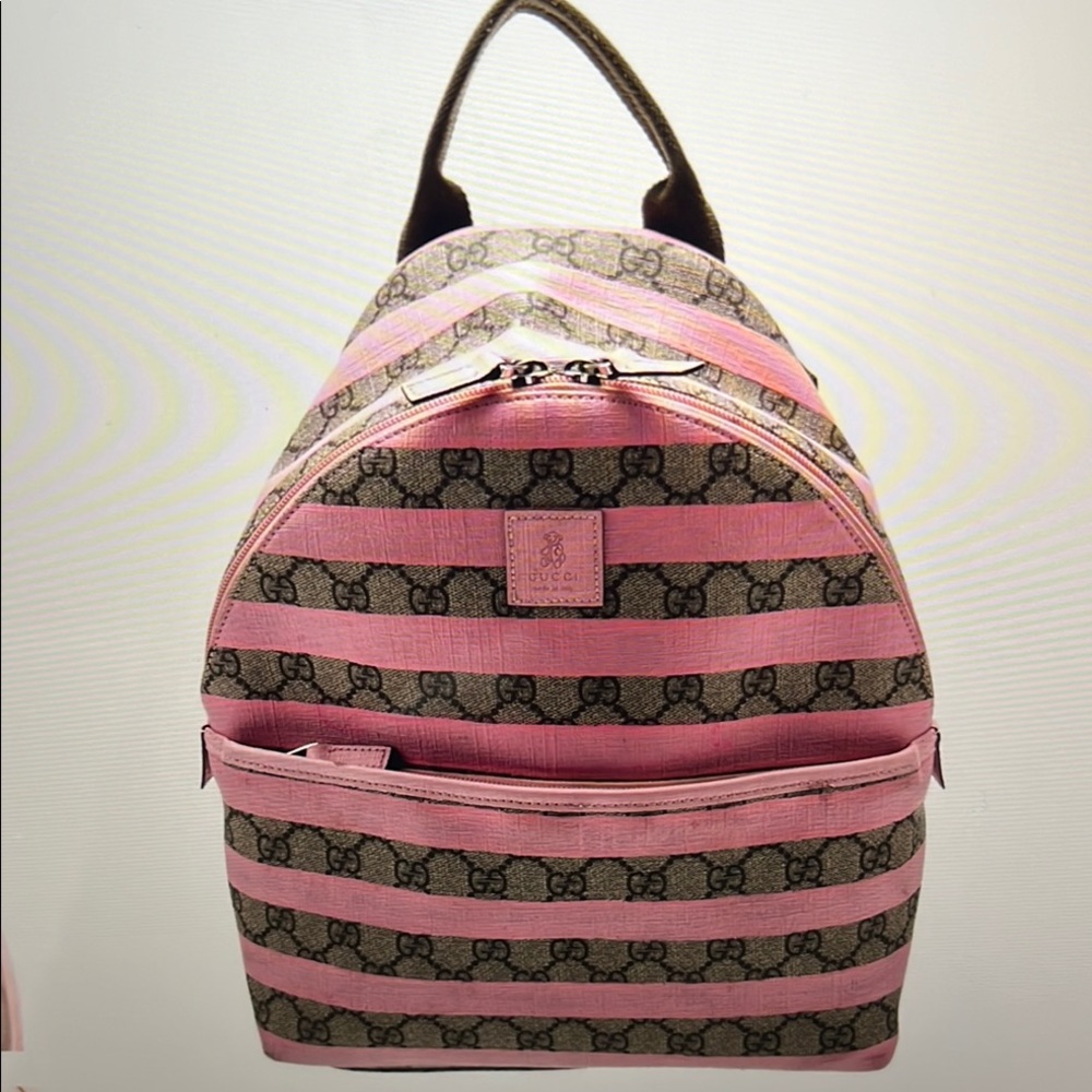 Authentic Gucci Pink and Brown Backpack with Striped Design